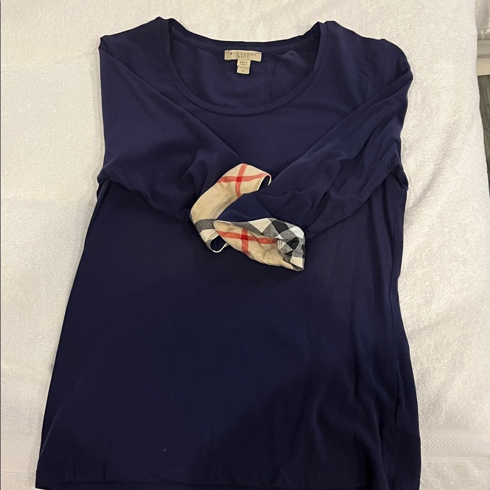 Burberry Dark Blue Long Sleeve Top with Plaid Cuffs